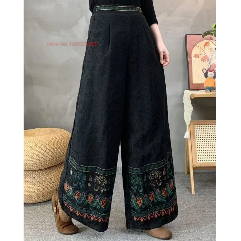 بنطلون صيني عتيق مبطن بالصوف لعام 2025 سروال شعبي مطرز بالزهور بخصر مطاطي من القطن والكتان جاكار بنطال واسع الساق #4