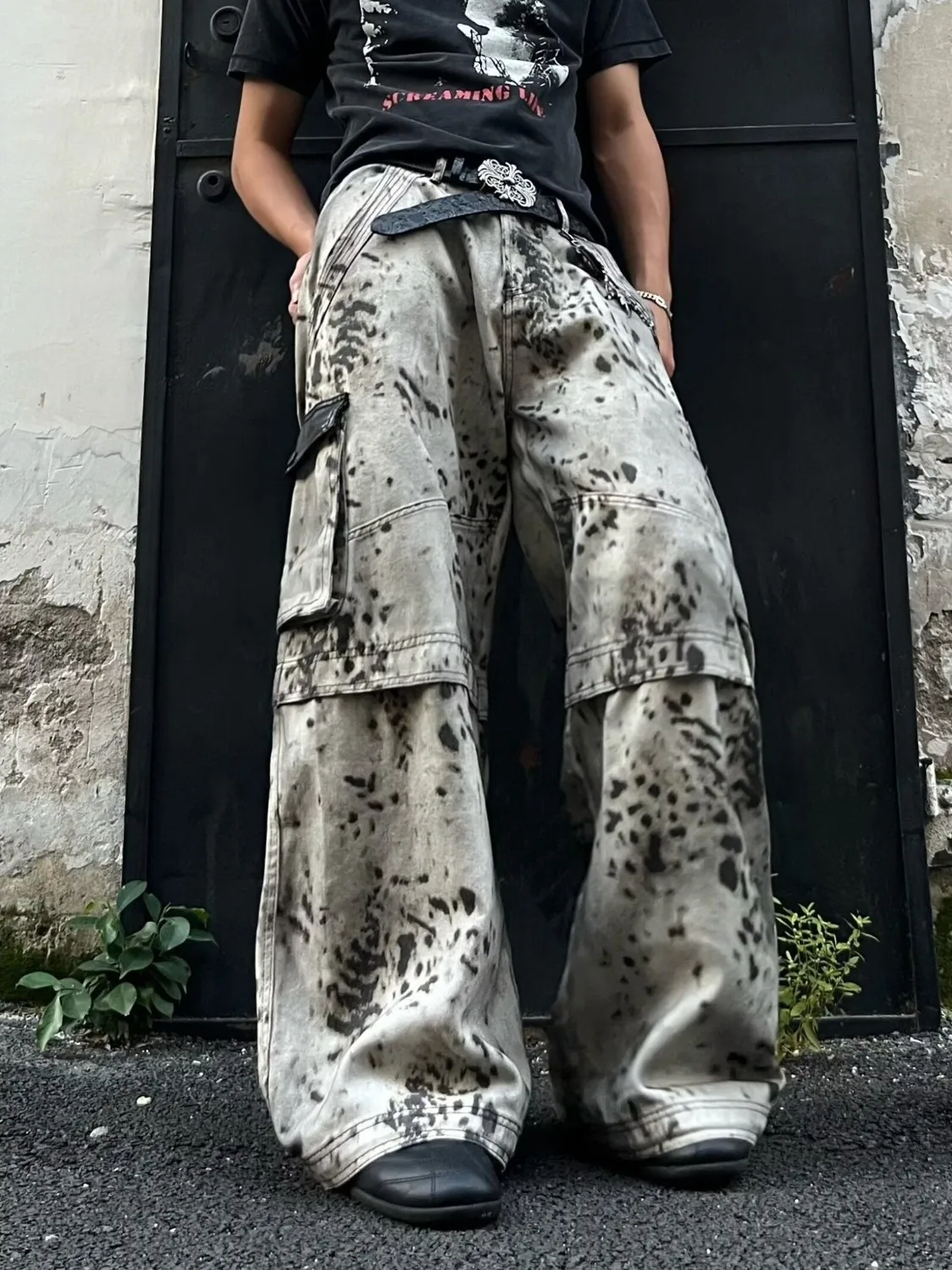 American Street Style Pleated Leopard Print Multi-Pocket Workwear Jeans Men's  Tailoring Deconstructed Loose Wide Leg Pants