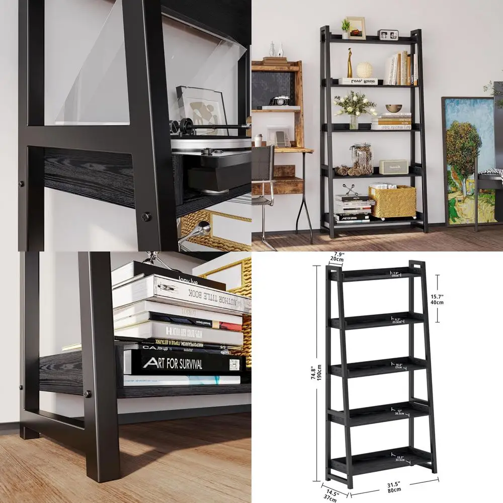 

5-Tier 74.8in Tall Metal Ladder Bookshelf - Industrial Style for Home, Office, Bathroom, Living Room in Black