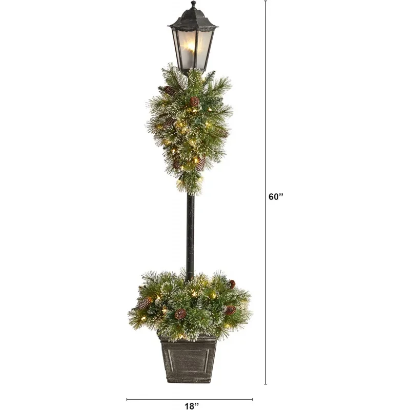 5ft. Holiday Pre-lit Decorated Lamp Post with Artificial Christmas Greenery, Decorative Container and 50 LED Lights Indoor Outdo