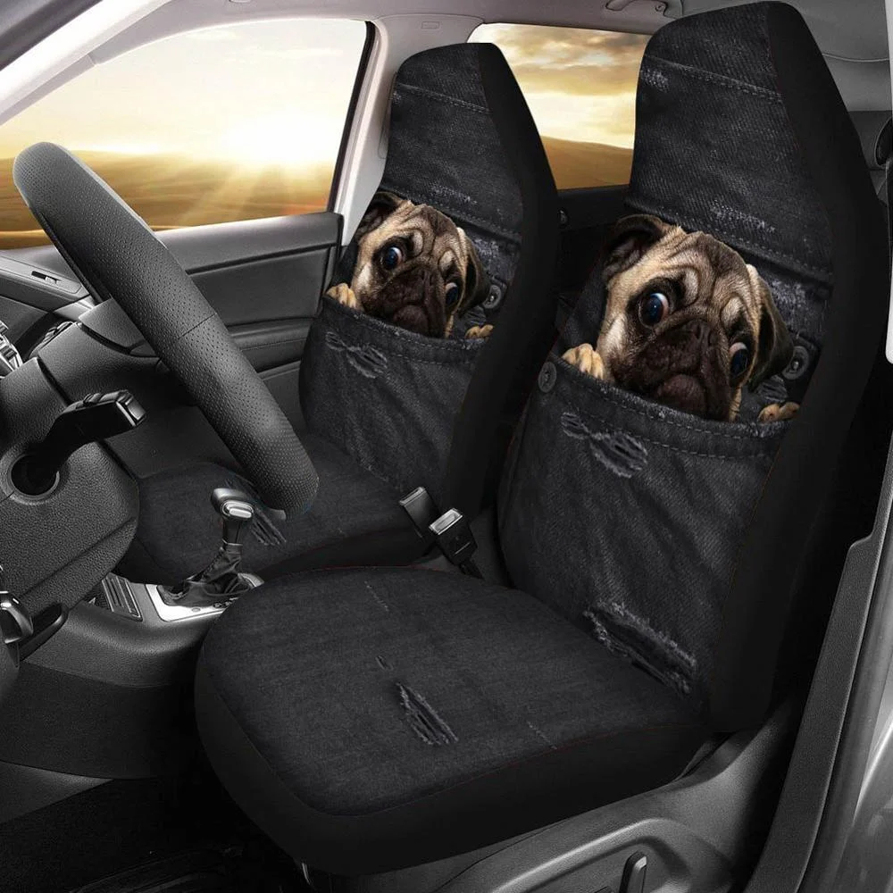 INSTANTARTS Cute Car Seat Cover Black Cowboy Pug Dog Printing Set of 2 Seat Cushion Saddle Blanket Covers Fits Most Cars Trucks