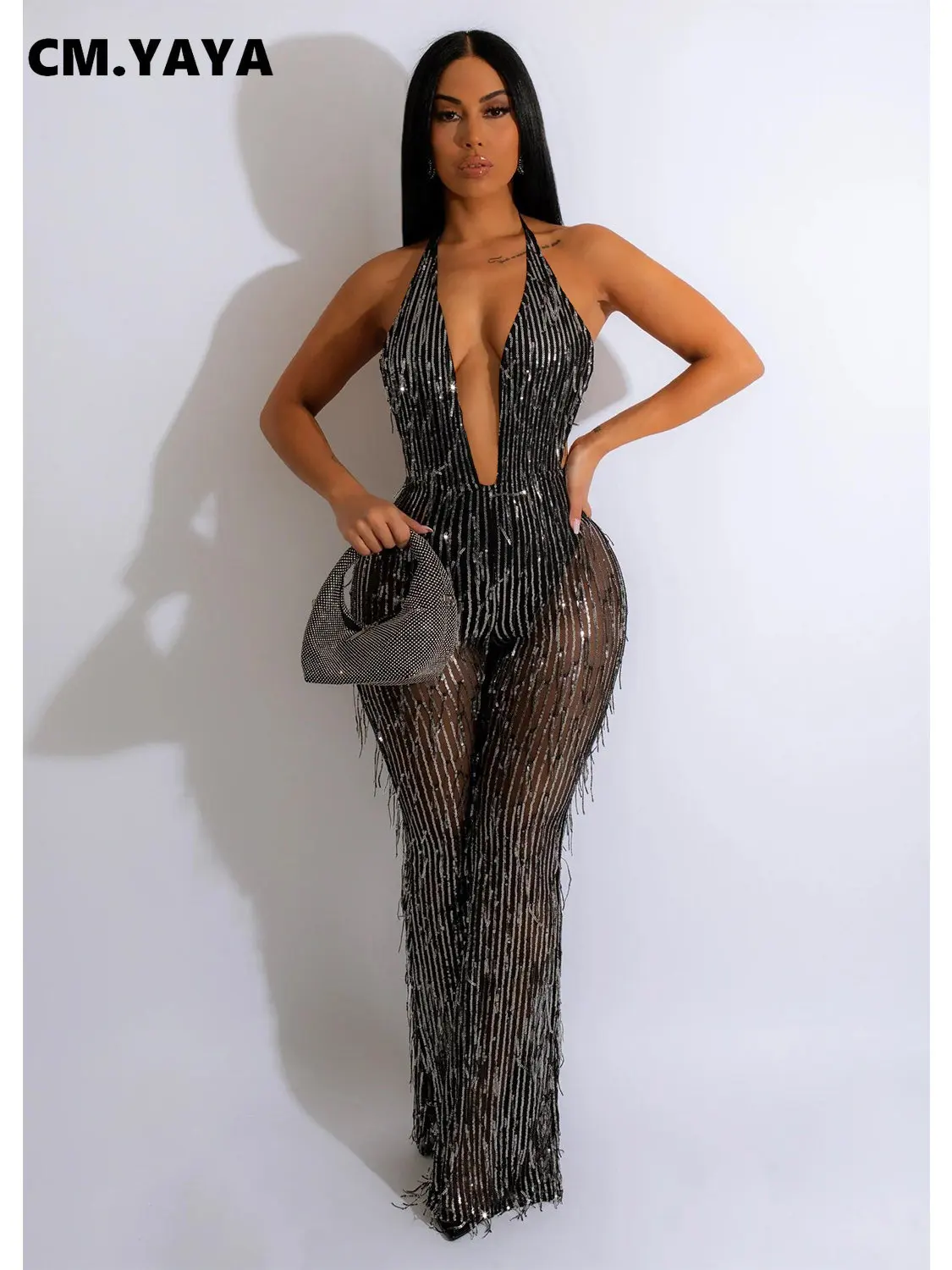 CM.YAYA Women Sequins Tassel Halter Deep V-neck Backless Straight Sleeveless Jumpsuit Sexy Party Club One Piece Suit Playsuit