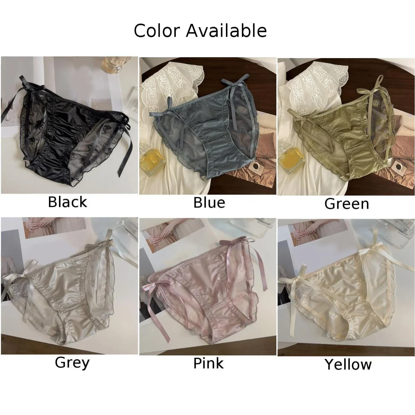 Women Smooth Satin Thong Briefs Mesh Breathable Panties Sexy Bowknot Ruffled Elegant Underpants Comfortable Low Waist Underwear