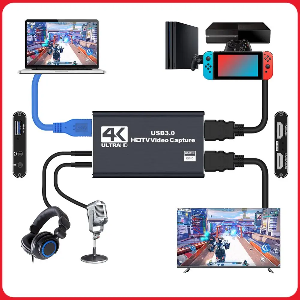 

USB 3.0 4K HDMI-совместимая карта захвата видео 1080P 60FPS, устройство для захвата аудио и видео, видео-граббер для камеры/ПК