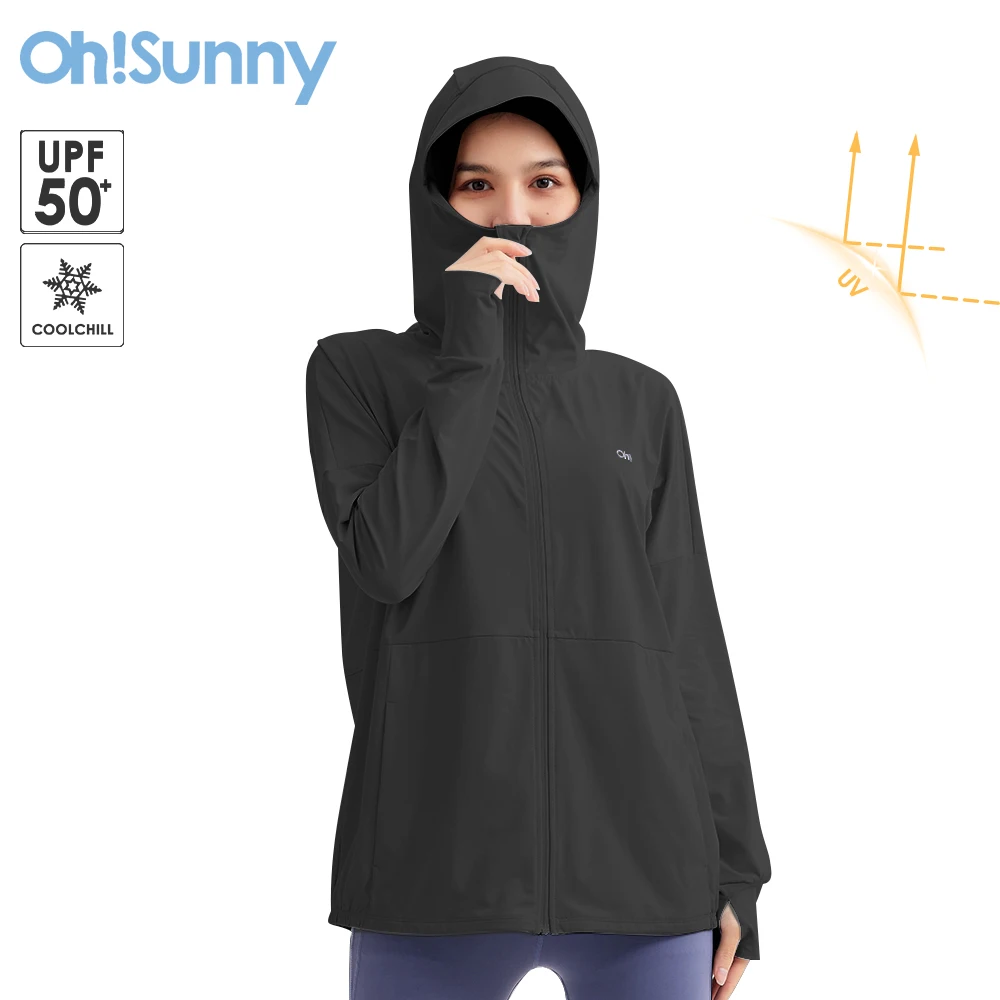 OhSunny Coolchill Fabric Sun Protection Clothing Women Extra Large Brim Hooded Jacket Outdoor Sport Anti-UV UPF50+ Breathable