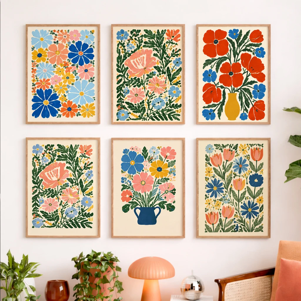 Set of 6 Floral Botanical Flowers Tulip Poppy Daisy Blue Pink Vase Garden Modern Floral Botanical Flower Canvas Poster Wall Art