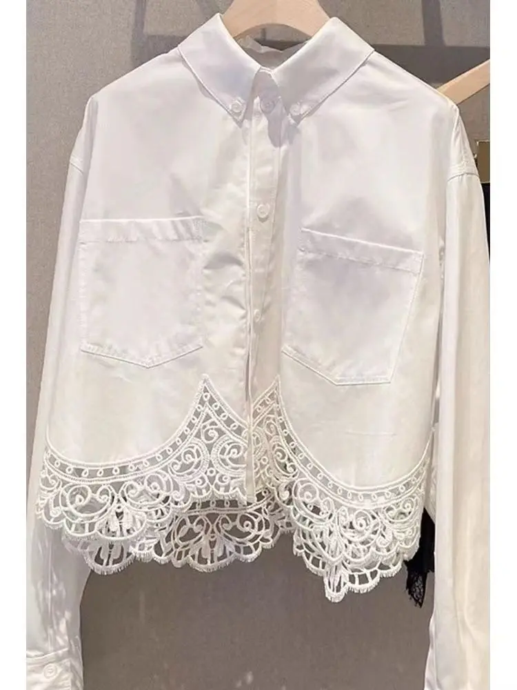 Fashion Elegasnt Blouses Solid Color Turn Down Collar Long Sleeve Lace Patchwork Hollow Out Shirts Spring Autumn Women Clothing