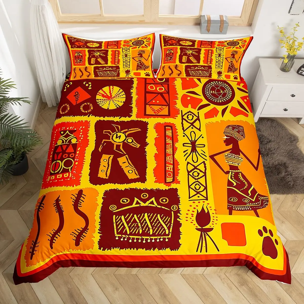 African Women Duvet Cover Africa Tribal National Bedding Set Vintage Floral Plaid Patchwork Comforter Cover Brown Quilt Cover