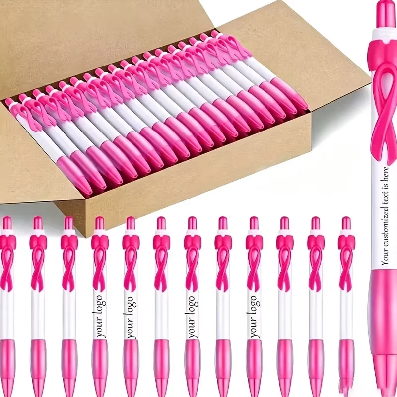 8/16/20 Ribbon Pens, Personalized with Custom Logo, for Anniversaries, Creative Pink Press-Action Ballpoint Pens, Unique Ribbon Clip Design, Spreading Hope and Support, Black Ink, Smooth Writing, Perfect for Mother's Day, Valentine's Day, Christmas, Graduation Season, Back-To-School Season, Teachers' Day, the Best Gift Choice