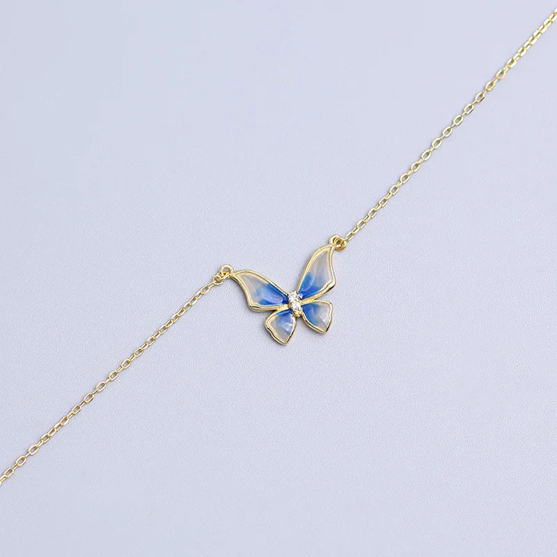 

Elegant Luxury 925 Sterling Silver Enamel Gradient Blue Butterfly Necklace 9K 14K Real Gold Enamelled Jewelry Girl Birthday Gift