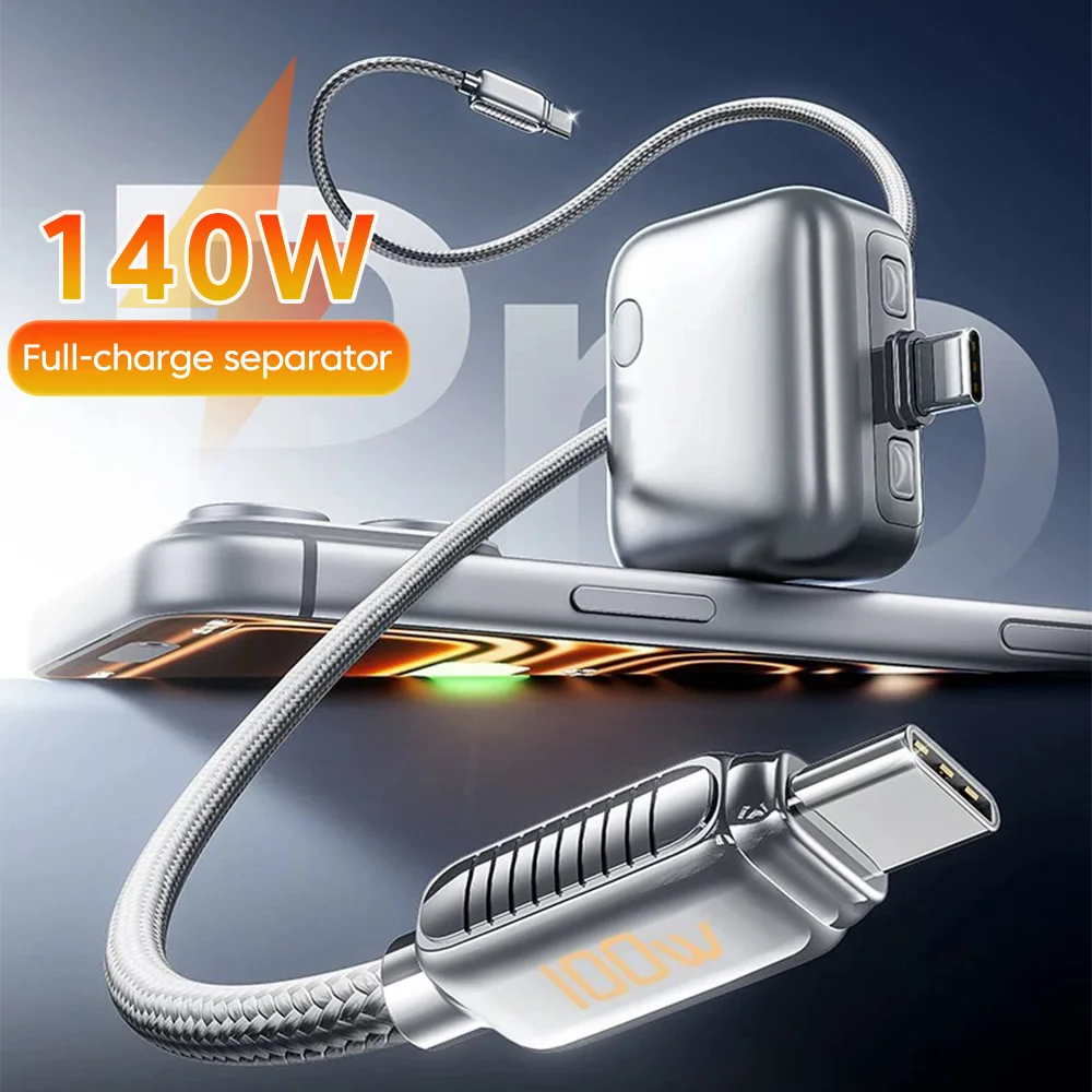 Mini Carregador Rápido PD de 140W com Proteção de Desligamento Automático, Conector Tipo-C para USB-C para iPhone 17 16 15, Samsung, Tablet e Laptop