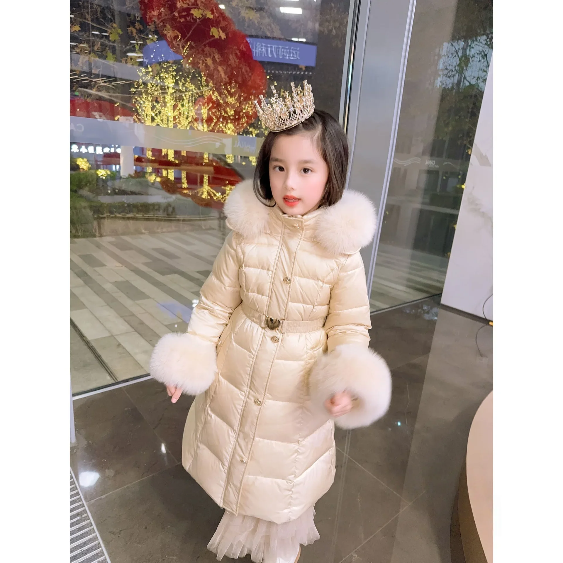 

Winter Children Girl Mid-length Parka Solid Faux Fur Hooded 4-14Y Kid Girl Outerwear Coat Thick Warm Teens Girl Ski Jacket