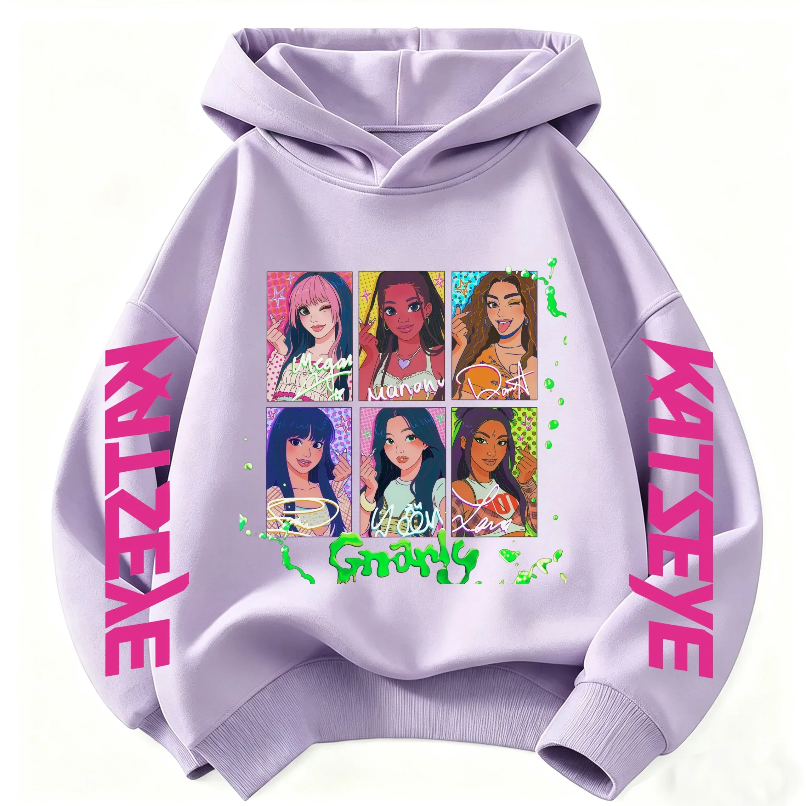 KATSEYE Beautiful Chaos Hoodie Sweatshirt Portrait Pink Text Print Long Sleeve Hooded Tops Fan Streetwear Autumn Winter Clothes