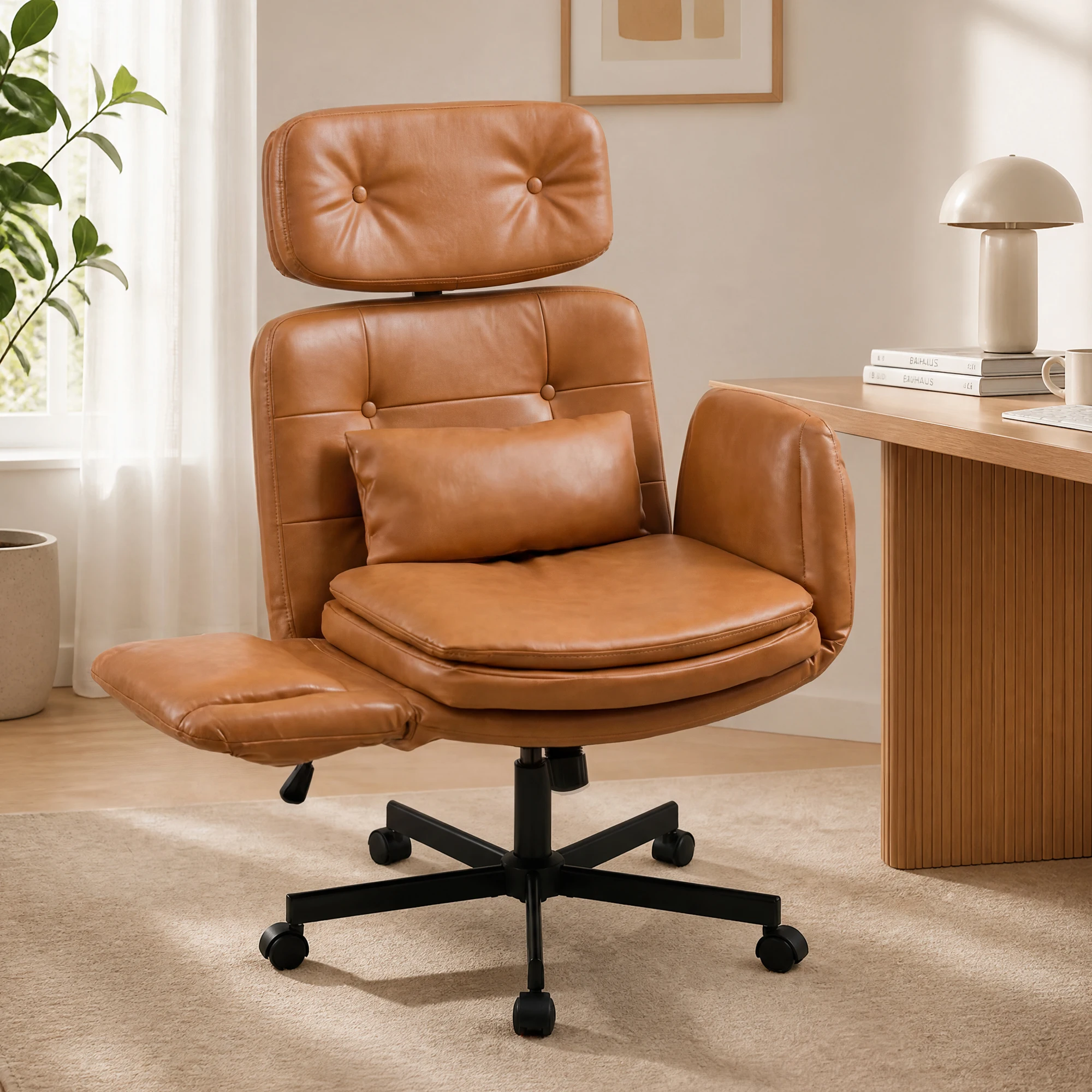 TCGBKAF Brown PU Leather Criss Cross Swivel Office Chair, Ergonomic Cross Legged Computer Desk Vanity Chair with Flip Armrests, Headrest & Rolling Wheels