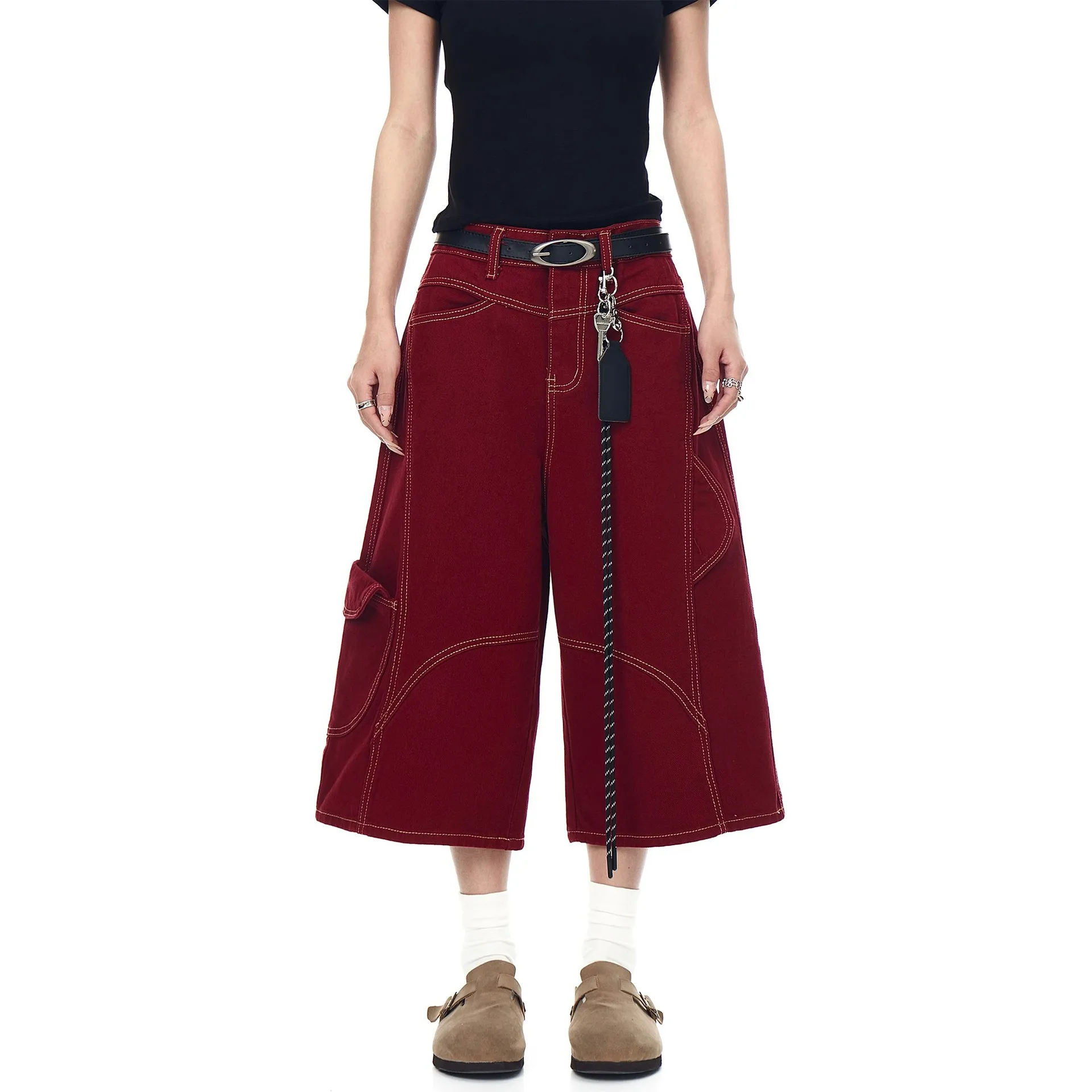 

Vintage Red Gothic Cargo Jeans Women High Waist 90s Aesthetic Y2k Denim Trousers Harajuku Cowboy Shorts 2000s Short Pants Jorts