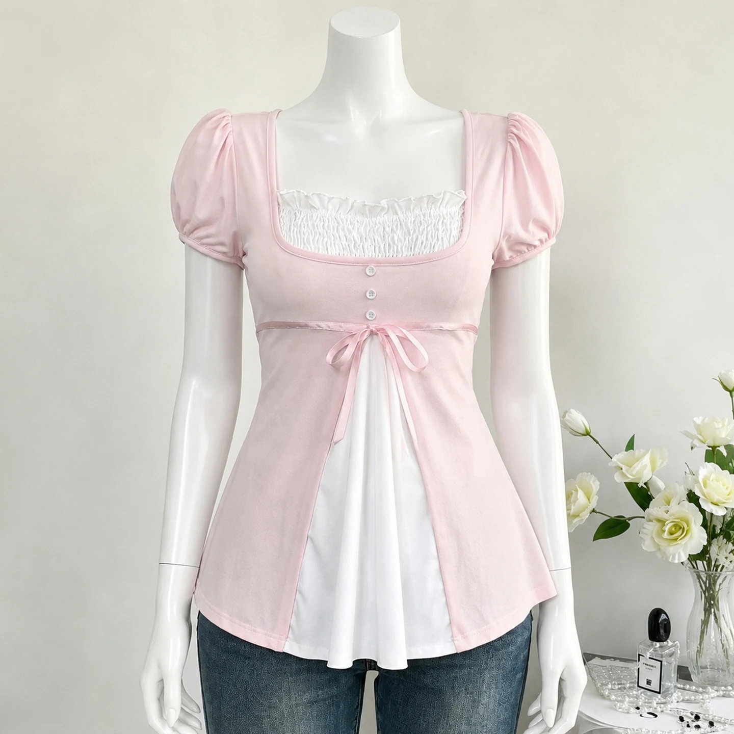 SUCHCUTE Coquette Contrast Top Square Neck Ruffle Trim Puff Short Sleeve Front Bow A-line Tees Flared Hem Slim Casual T-Shirts
