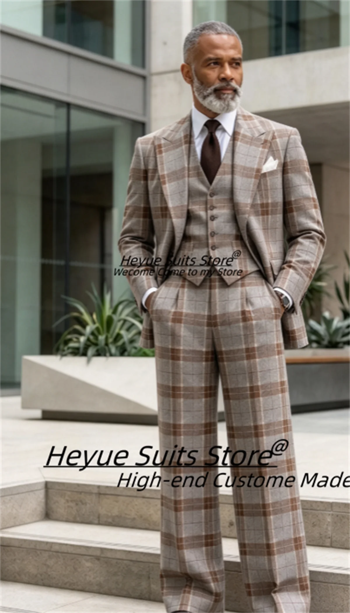 Formal Brown Checked Men Suits Customized Peak Lapel Groom Wedding Tuxedos Business 3 Pieces Sets Male Party Blazers Ropa Hombre
