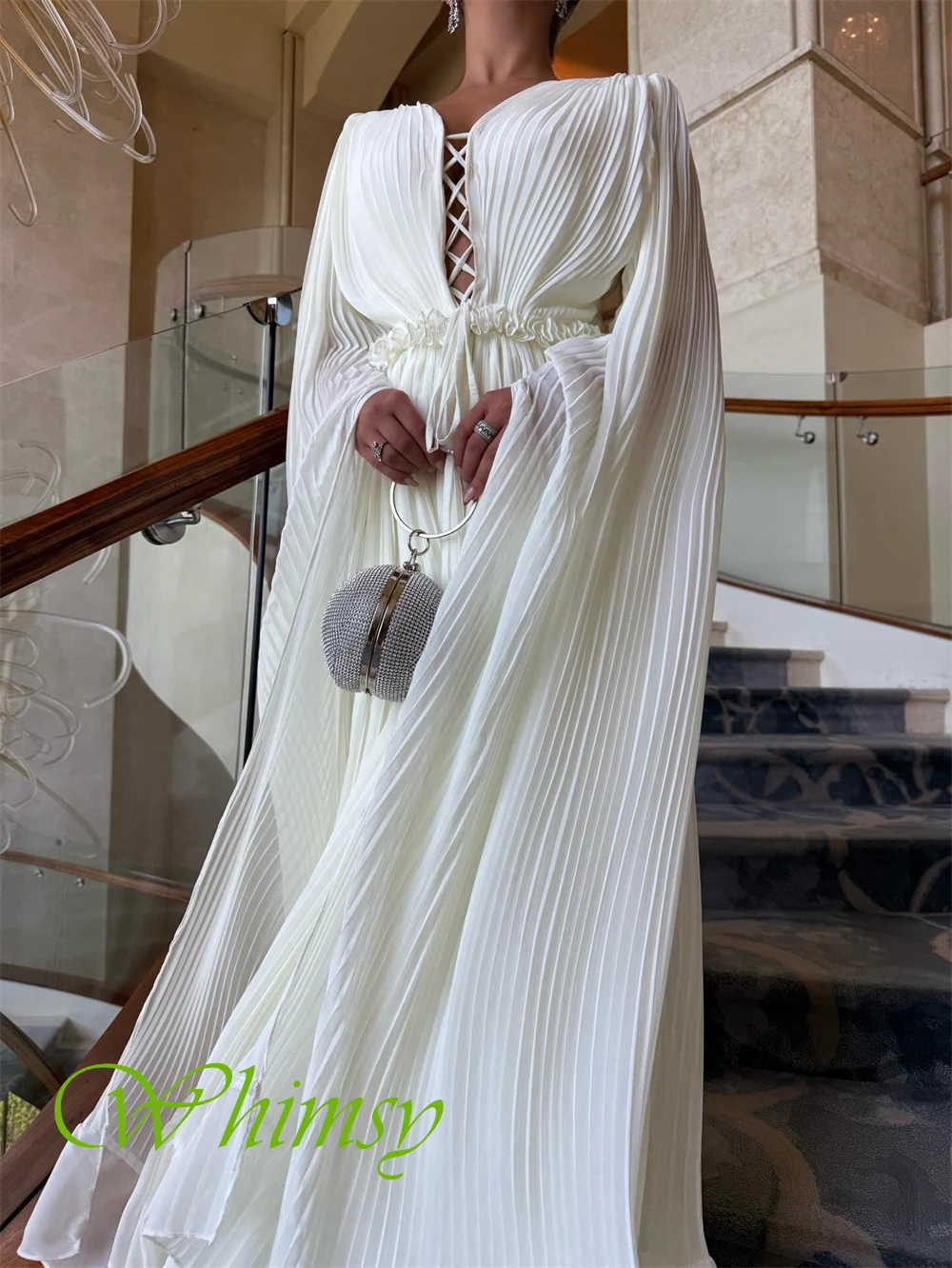 Moda personalizada chiffon com decote em v vestido de noite clássico mangas compridas vestidos de baile delicado a linha vestidos de ocasião sob medida