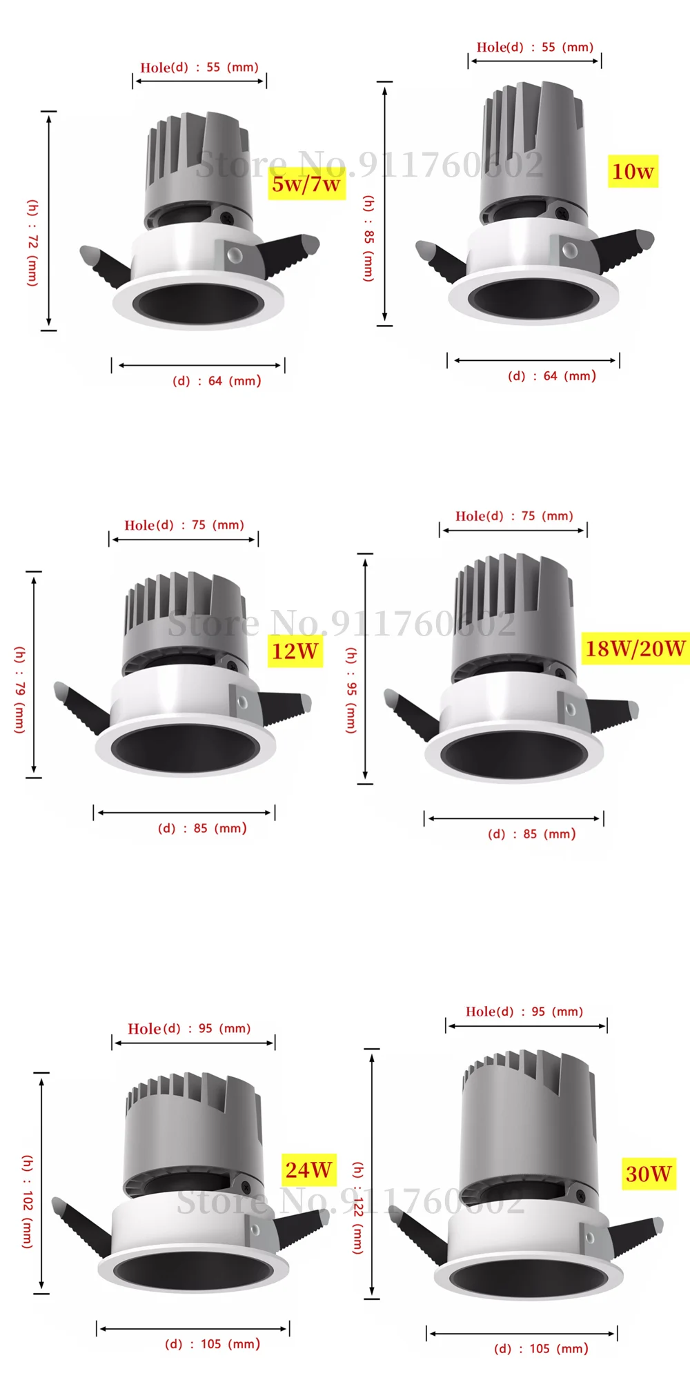 Round Recessed Anti-glare LED COB Spotlight 24° 5W-30W Dimmable AC110V 220V LED Downlight Ceiling Lamp For Office Home Lighting