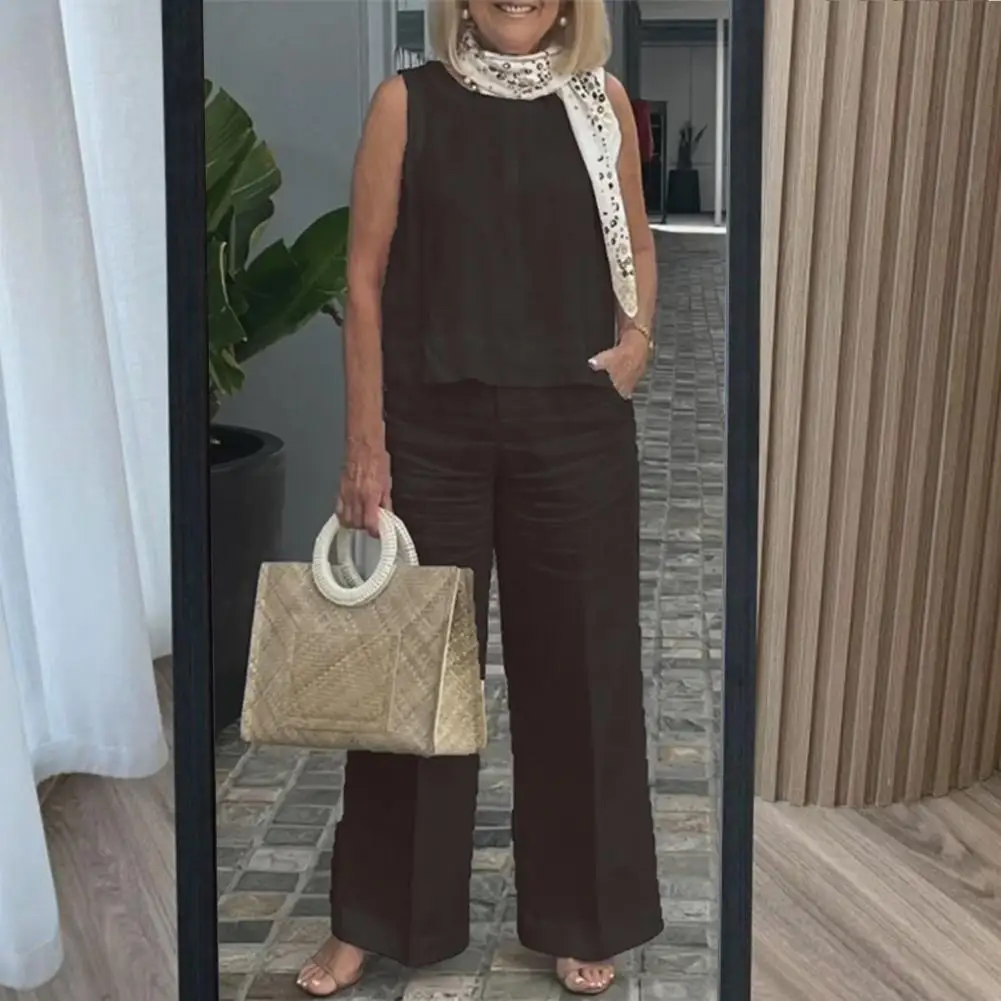 

Повседневный летний женский костюм, удобная женская летняя майка с круглым вырезом, комплект из длинных брюк, однотонный спортивный костюм, повседневная одежда