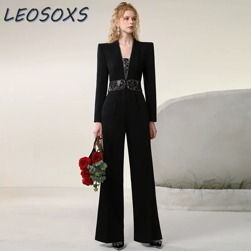 LEOSOXS-trajes de salto negros de diseñador de nicho para mujer, mono de manga larga con cuello en V y costuras de encaje, pantalones de pierna ancha, Otoño, 2024