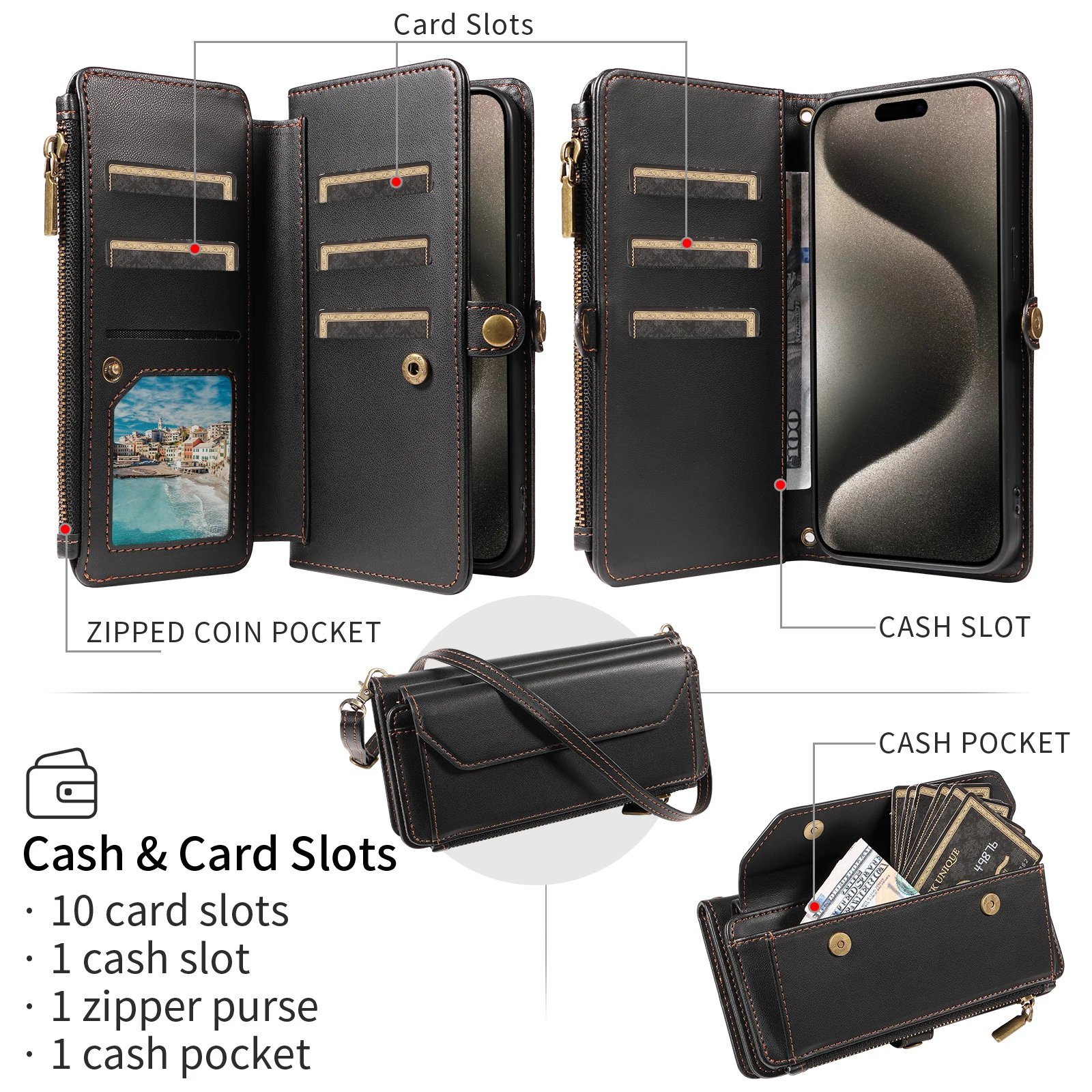 Handyhülle im Wallet-Stil mit mehreren Kartenfächern (langer Riemen + kurzer Riemen) für iPhone 17/16/15/14/13/12/11 Pro Max, Schutzset mit Münzfach, Umhängegurt, Anti-Fall-Kunstlederhülle – Detail 8