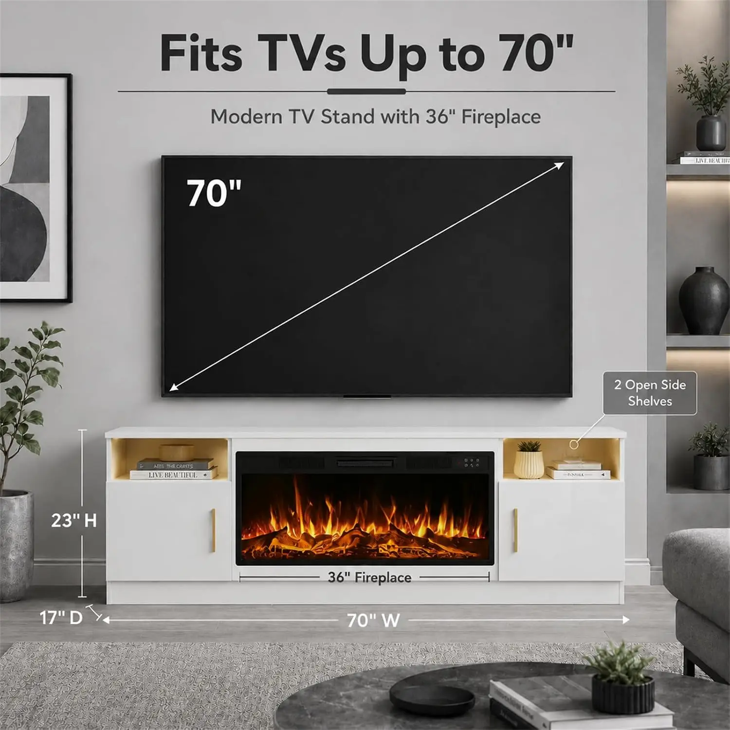 70 Inch Electric Fireplace TV Stand with 36 Inch Insert, 1500W Heater, 12 Flame Colors, LED Display Control Panel, Remote Contro