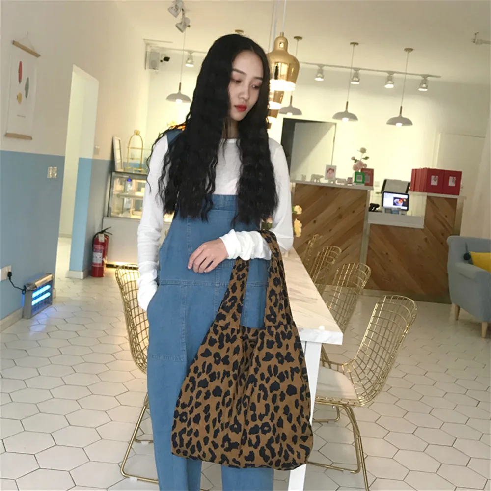 Fashion Women Large Corduroy Shoulder Bag Shopper Handbag Leopard Print Tote Bag