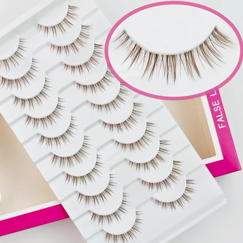 Xuanfeiwu natürliche schräge hellbraune karamellfarbene Wimpern mit transparentem Stiel, vorne kurz und hinten lang, länglich an der Außenecke, falsche Wimpern im Fuchsstil, einteiliges, natürliches Make-up, realistische Wimpern