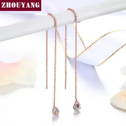 ZHOUYANG Chain Earring For Women 6mm Cubic Zirconia 11CM Length Ear Line Rose Gold Color Fashion Jewelry Gift ZYE549 ZYE100