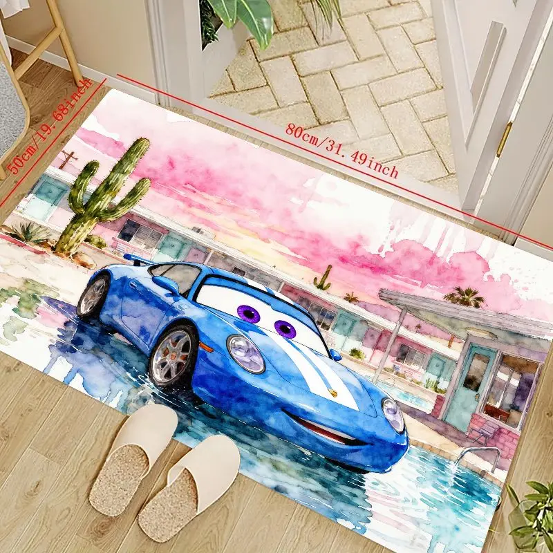 

1 шт. Коврик для спортивного автомобиля с рисунком синего цвета, коврик для акварельного заката и розового неба с гоночным автомобилем с большими фиолетовыми глазами, нескользящий мягкий