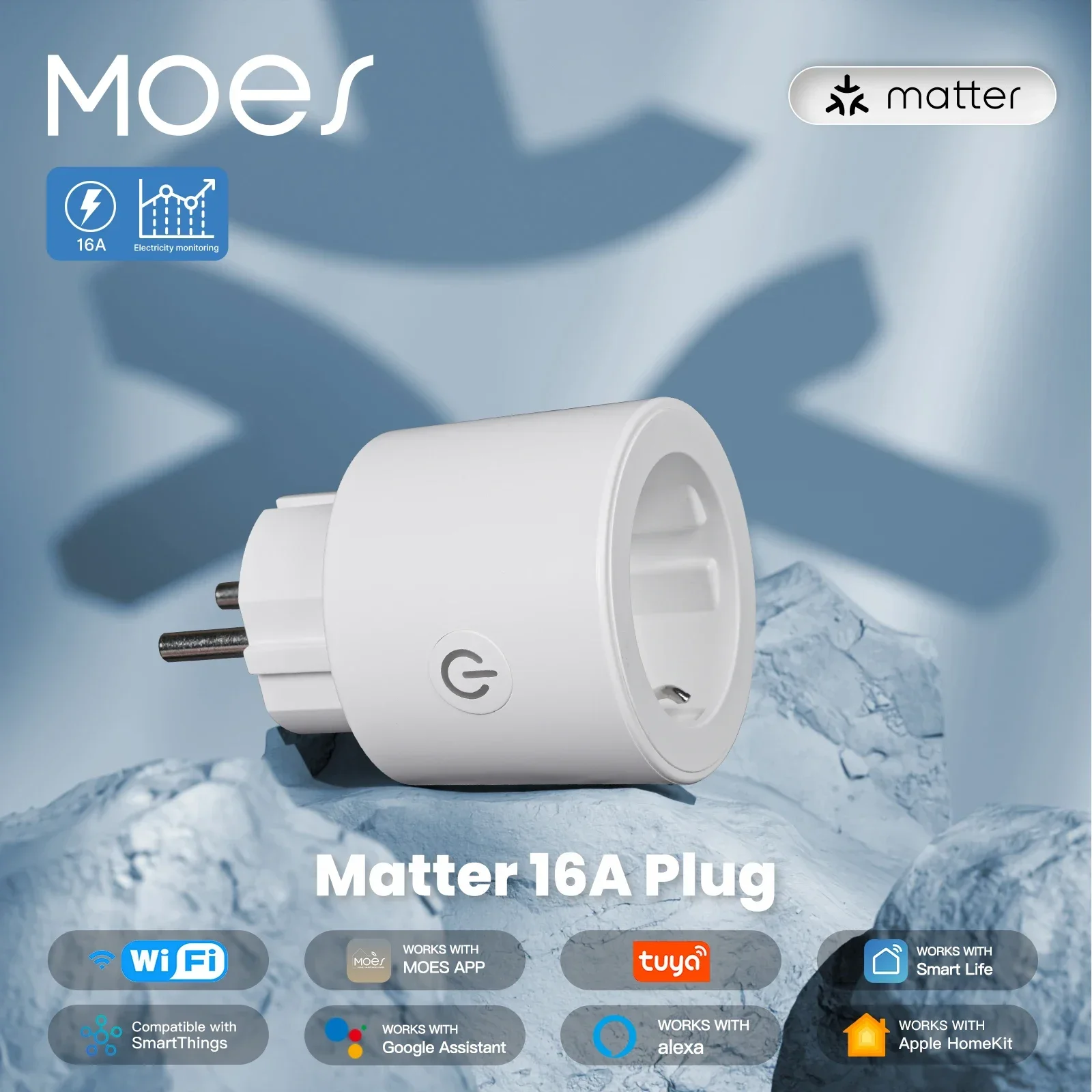 MOES Smart Matter 16A Plug WiFi Tuya Socket Outlet Remote Control Power Monitor Support Apple Home Google Home Alexa Smartthings