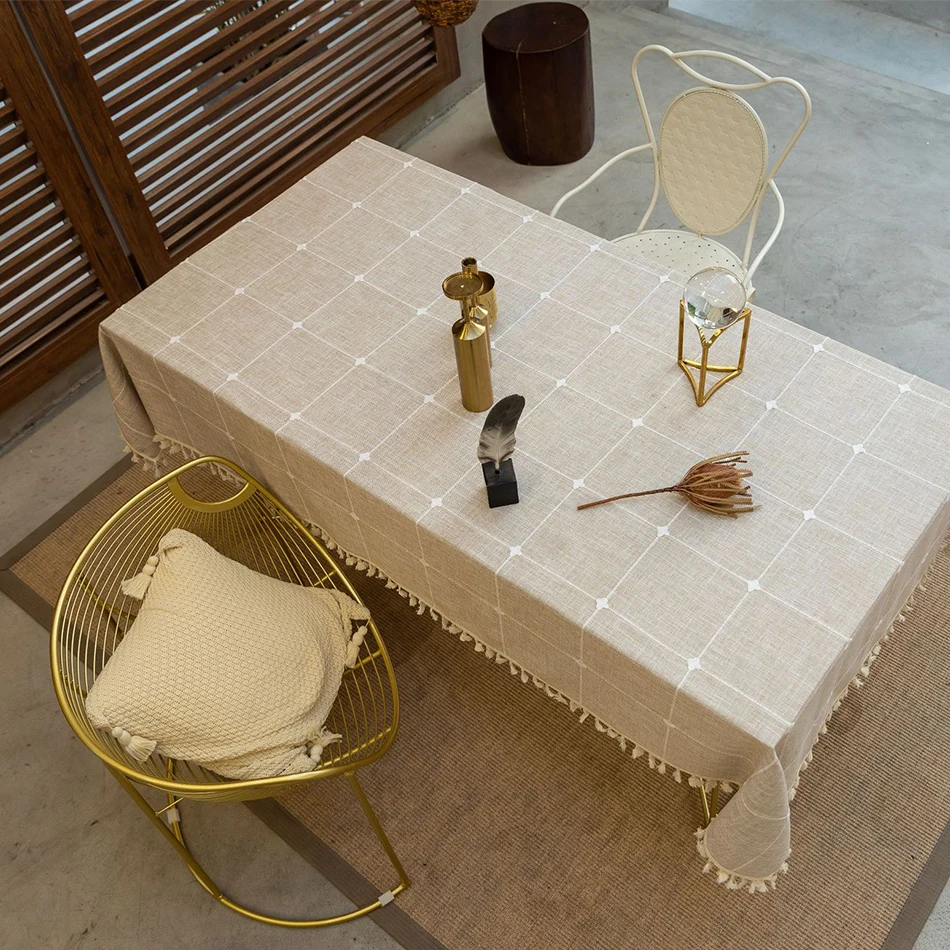Mantel de encaje a cuadros Jacquard tridimensional, cubierta de mesa a prueba de polvo con borlas de lino y algodón, para decoración de comedor,