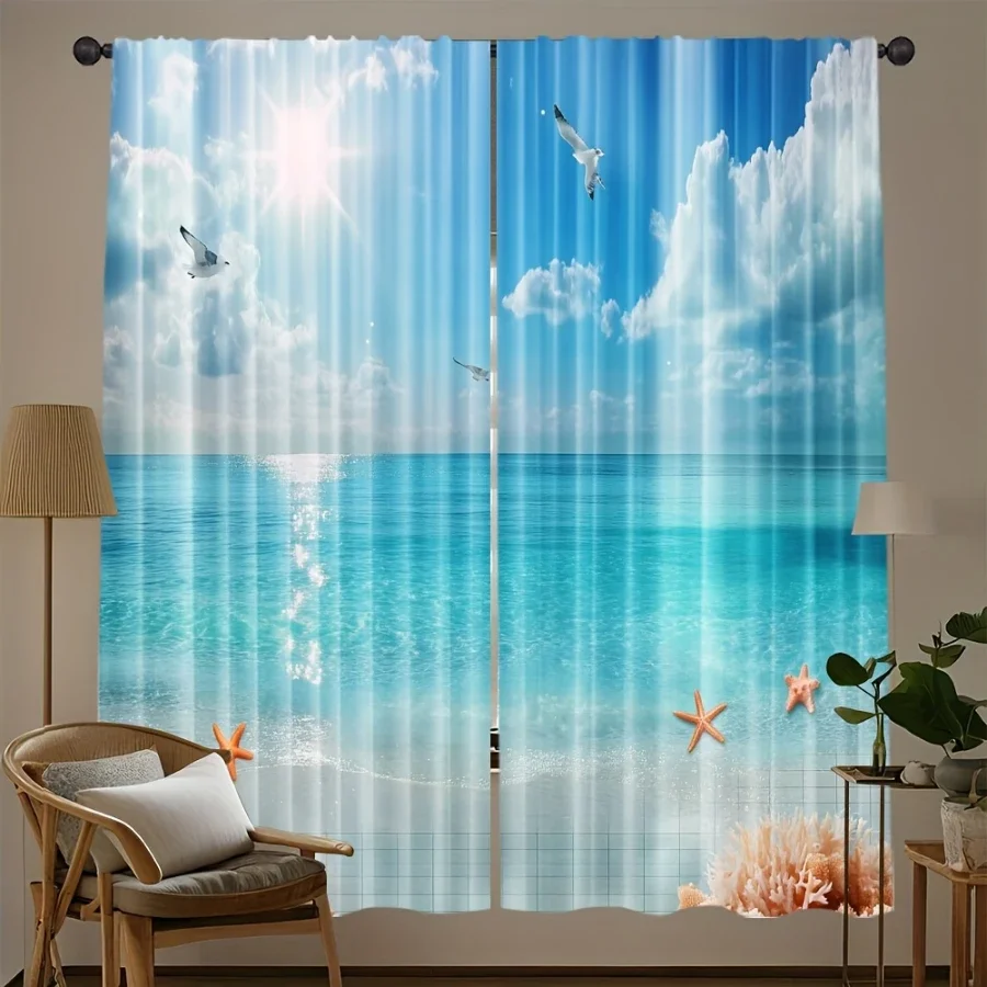 Vibrant Ocean Beach Curtain Waterproof Window Drapes Blue Sky Sunlight Coastal Decor for Living Room Bedroom