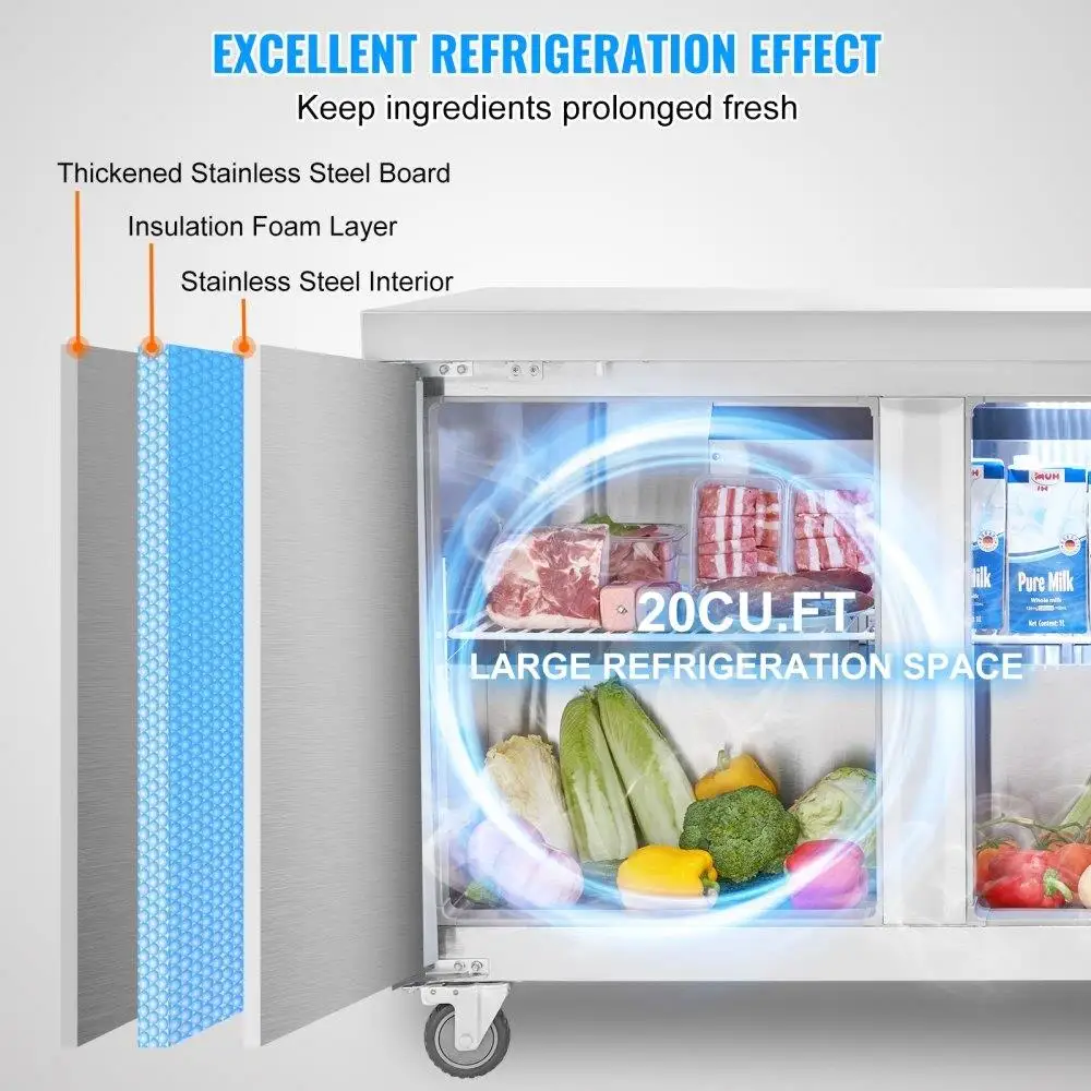 72 Inch Commercial Refrigerator Sandwich Prep Table 20 Cubic Feet  Storage Fridge for Restaurants Cafes Catering Solutions