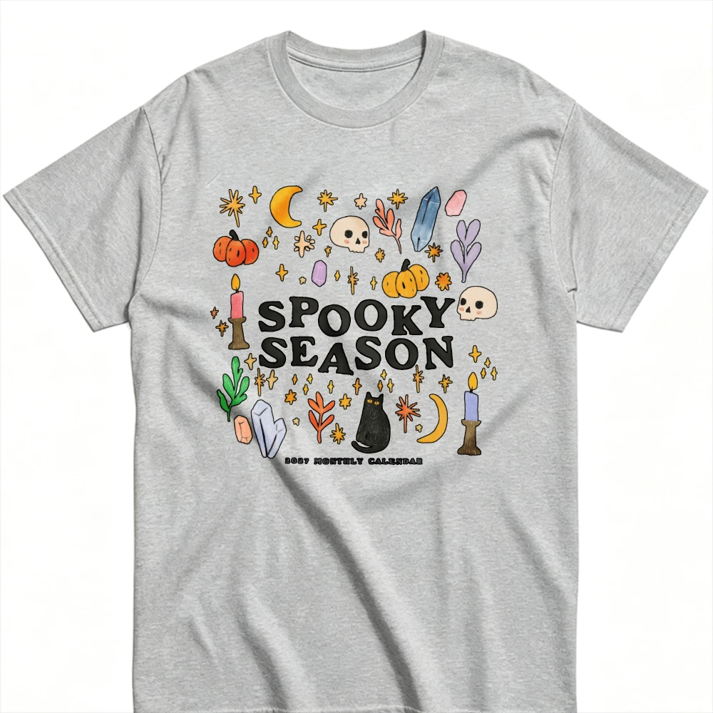 Halloween Spooky Season Graphic T‑Shirt Witchy Doodle Art Skull Pumpkin Black Cat Crystal Moon Candle Star Plant Spooky Tops