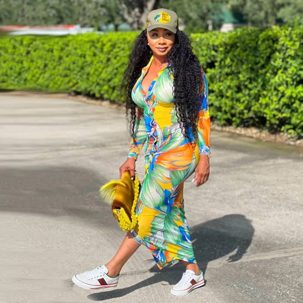 2024 primavera stampato abito lungo donna elegante scollo a v manica lunga partito Maxi vestito estate Skinny Boho abiti