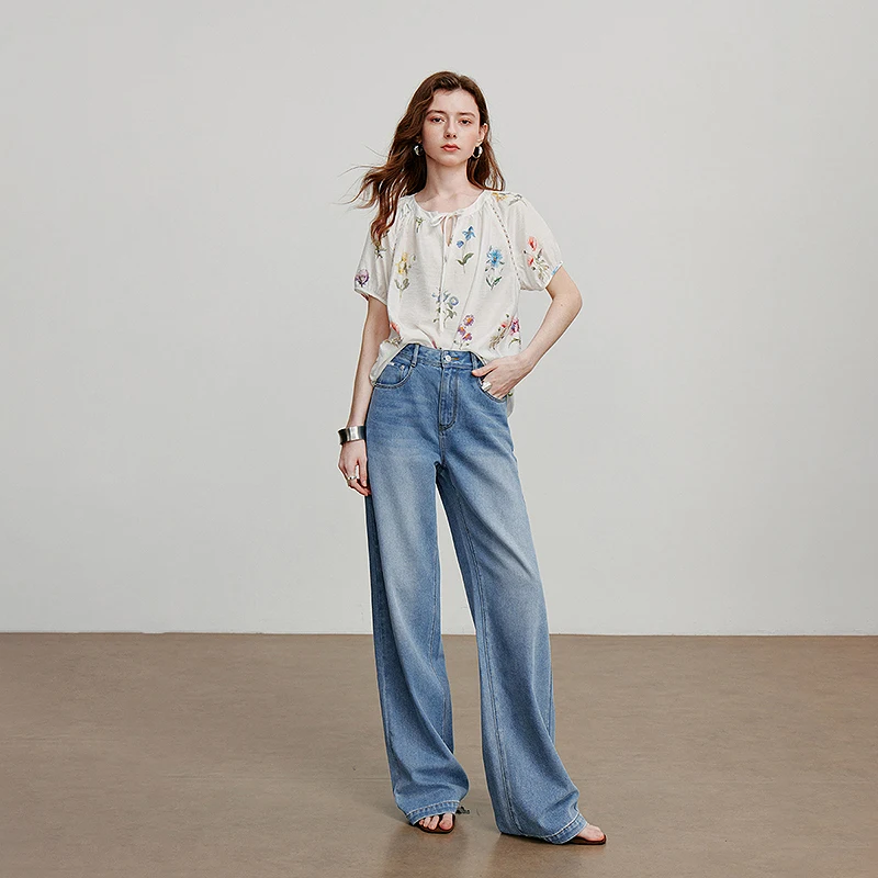 TOYOUTH بلوزة نسائية قميص 2025 صيف جديد أخضر مخملي رقبة مستديرة الأزهار المطبوعة عطلة قميص غير رسمي 8522046