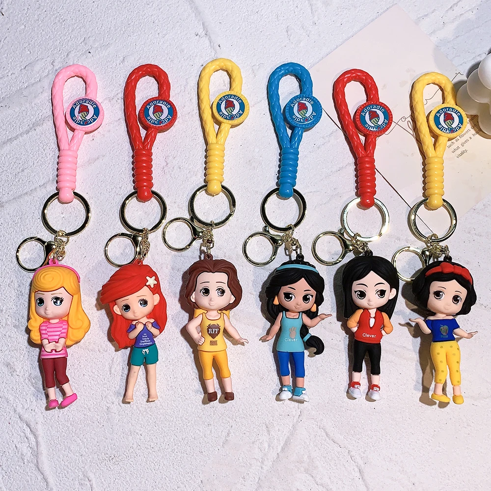 Disney Princess Keychain Anime Cartoon Cute Figure Snow White Rapunzel Keyring Girls Bag Car Key Accessory Pendant Birthday Gift