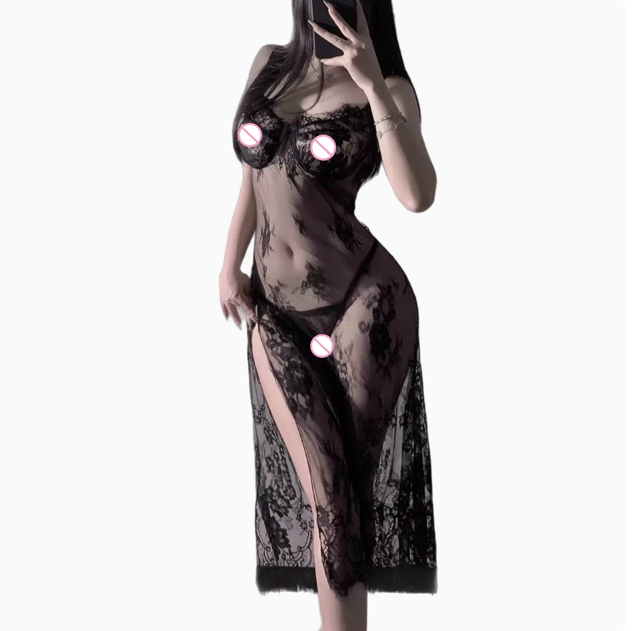 Conjunto de lencería sexy morado de encaje transparente para mujer, vestido largo con abertura alta, uniforme de cosplay, ropa de dormir, adecuado para mujeres con busto pequeño