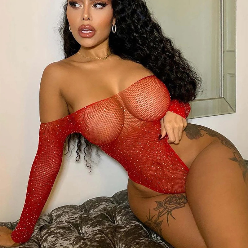 Women Sexy Lingerie Shiny Rhinestones Slash Neck Sexy Bodysuit Transparent Mesh Long Sleeve Backless Slim Transparent Body Suits