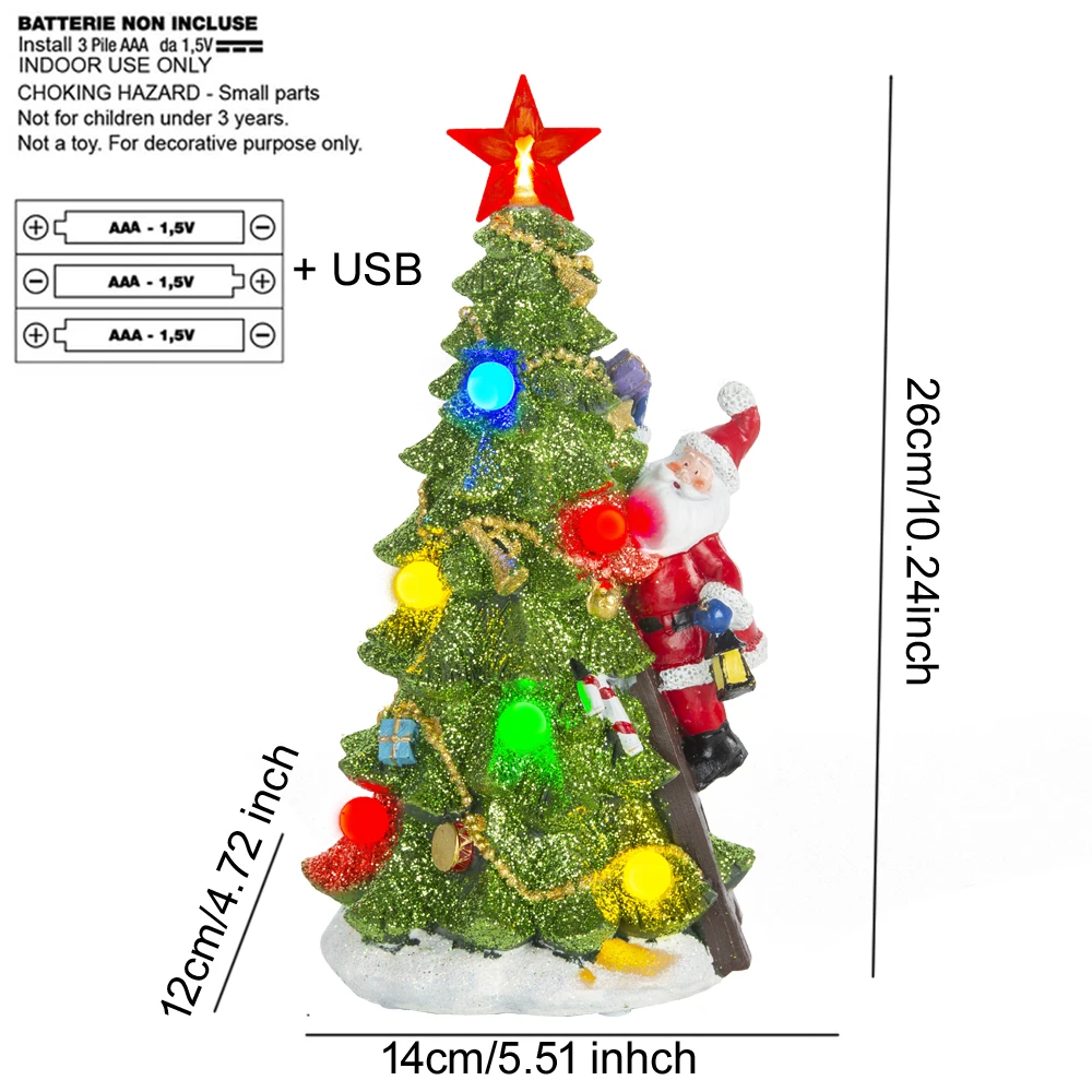 LED Light Resin Christmas Tree with Santa Claus, Christmas Village Decorations Indoor Home Tabletop Fireplace Shelf Ornaments