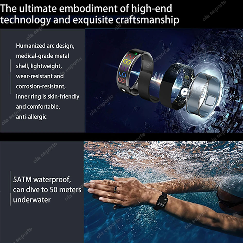 New For Xiaomi Smart Ring  5ATM Waterproof LED Screen Bluetooth Health Monitoring Touch Control Multi-Sport Mode Ring Men Women