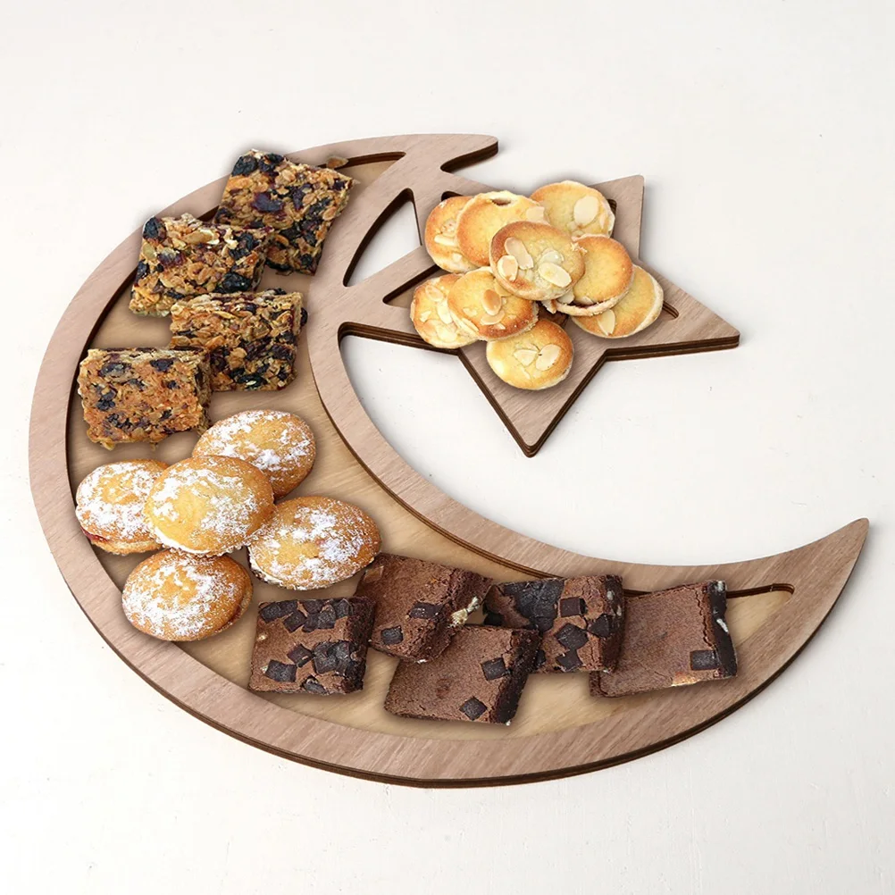 

1pc Wooden Star Moon Tray Serving Plate For Eid Decoration Festival Gift Wood Tray Decorative Plate Home Decor