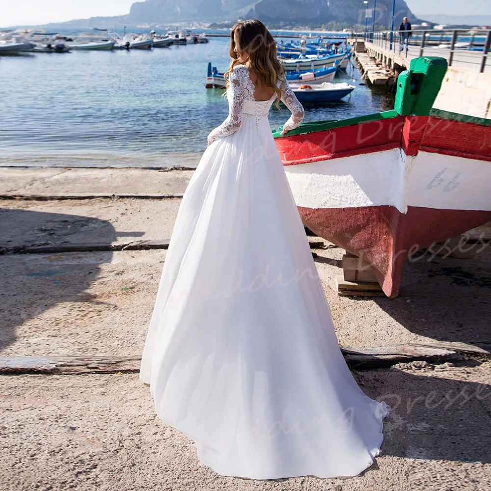 Mulheres vestidos de noiva de manga comprida, bonitos apliques com renda, vestidos de noiva generosos e graciosos, vestido de praia moderno