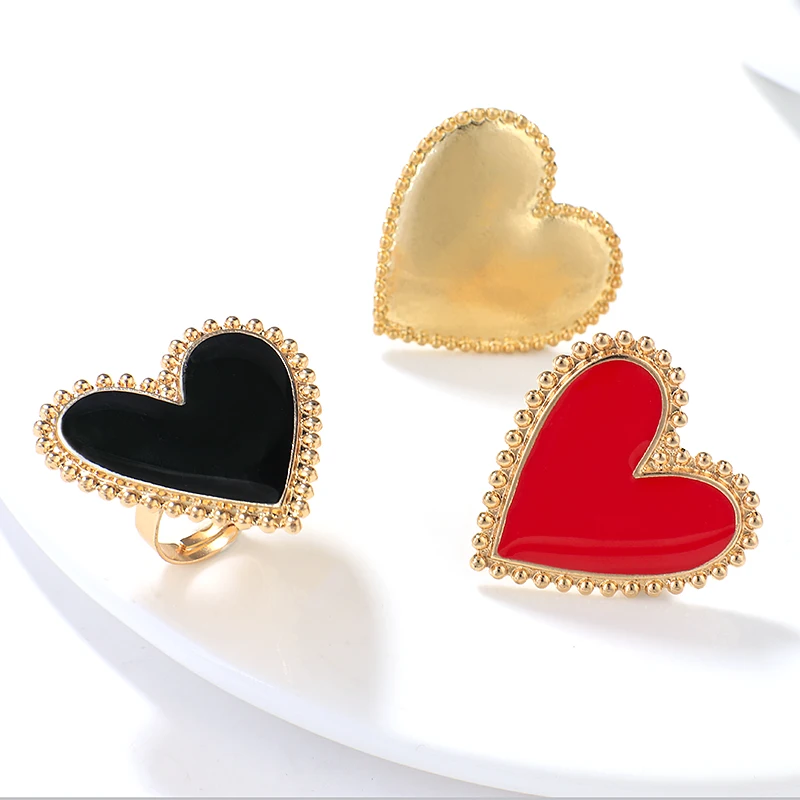 ALLYES Romantic Enamel Big Heart Rings for Women Valentine\'s Day Gifts Exaggerated Golden Adjustable Chunky Ring Couple Jewelry