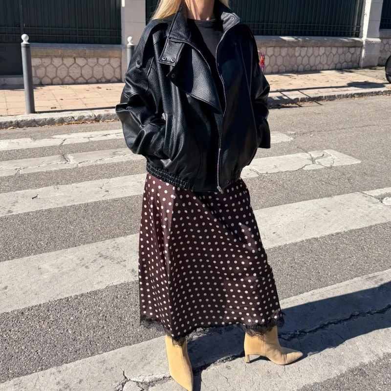 Damen Polka Dot Seidensatin Halbschlupf Lange Röcke Spitzenbesatz Maxirock Vintage Eleganter seidiger fließender A-Linien-Midirock