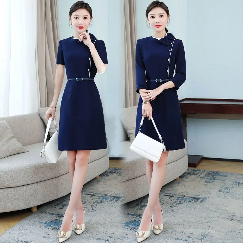 Professional Dress Elegant Summer Fashion Navy Temperament Goddess Korean Style High-end Store Beauty Salon Work Clothes Belt