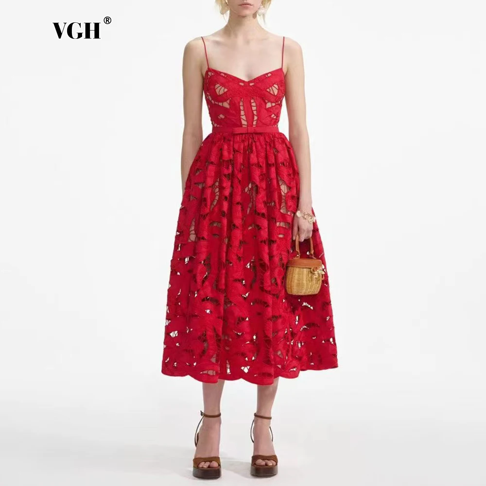

VGH Sexy See Through Party Dress for Women Square Collar Sleeveless High Waist Patchwork Hollow Out Temperament Dresses Female