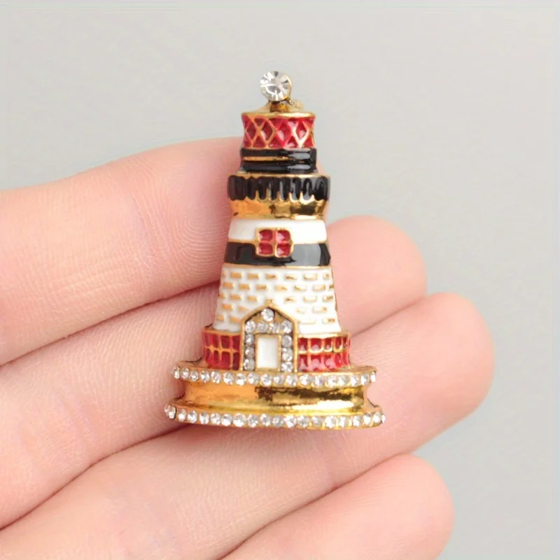 Fashion Trendy Enamel Rhinestone Lighthouse Tower Brooches Jewelry for Women Alloy Building Casual Party Brooch